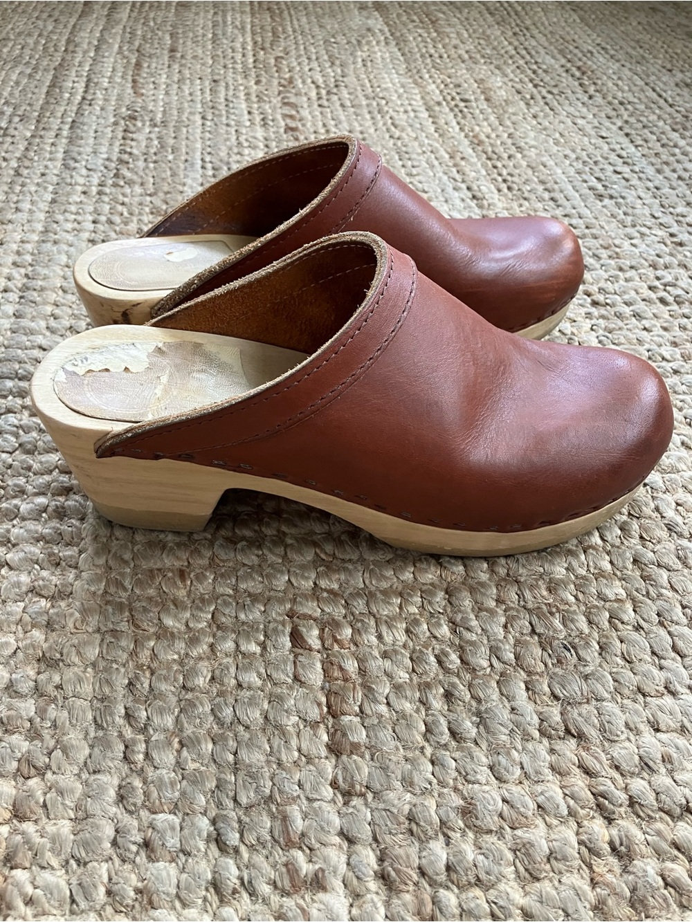 No. 6 Chestnut Leather Clogs with Light Wood Heel